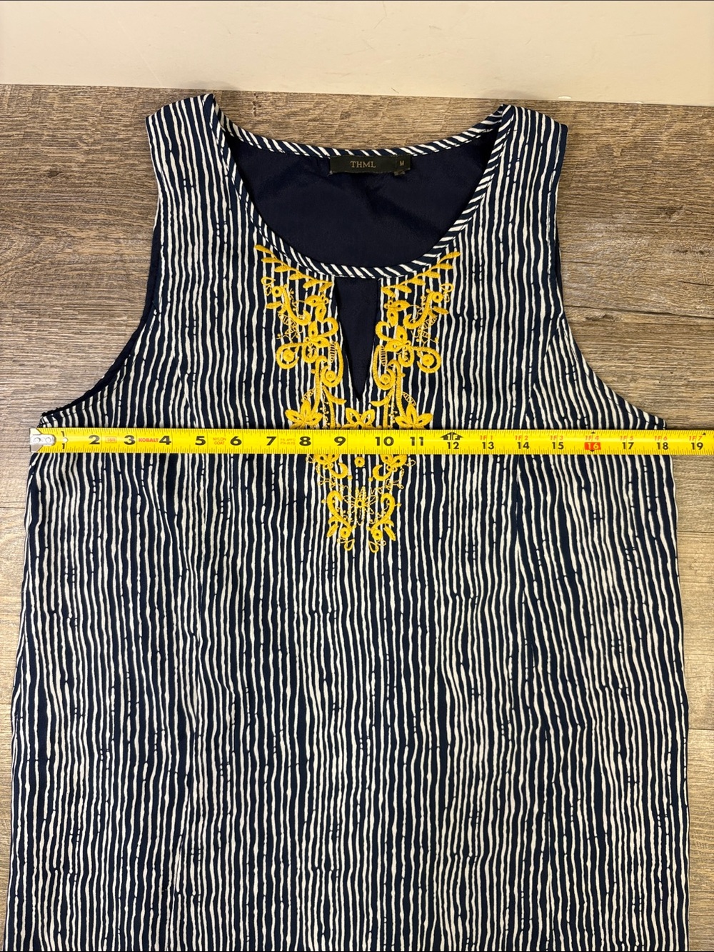 THML Embroidered Striped Shift Dress Navy & White with Mustard Embroidery Medium - Picture 10 of 12